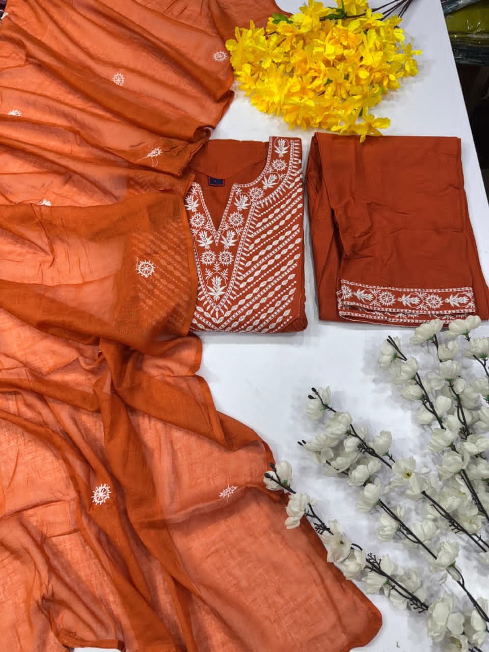 Orange Cotton Suit Set with Embroidered Dupatta